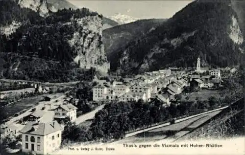 Ak Thusis Kt. Graubünden, Blick gegen die Viamala mit Hohen Rhätien