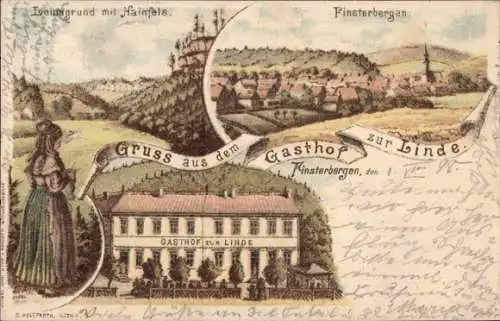 Litho Finsterbergen Friedrichroda im Thüringer Wald, Gasthof zur Linde, Leinagrund, Hainfels