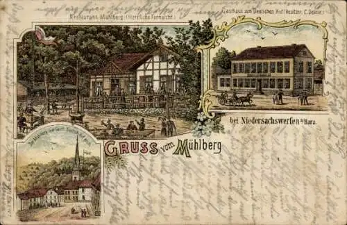 Litho Niedersachswerfen Harztor in Thüringen, Restaurant Mühlberg, Gasthaus zum Deutschen Hof