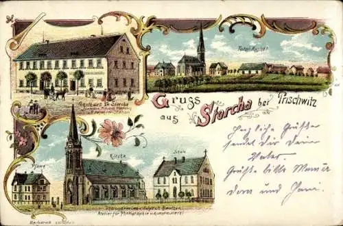 Litho Storcha Göda in der Oberlausitz, Totale, Gasthof zu Storcha, Kirche, Schule, Pfarre