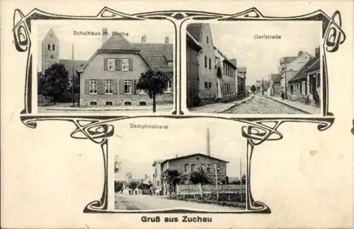 Ak Zuchau Barby an der Elbe, Schulhaus, Dorfstraße, Dampfmolkerei