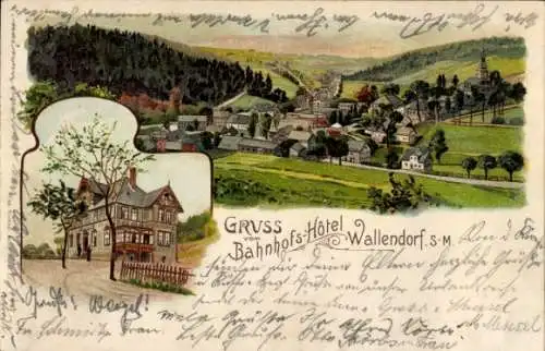 Litho Wallendorf Lichte Thüringen, Panorama des Ortes, Bahnhofshotel