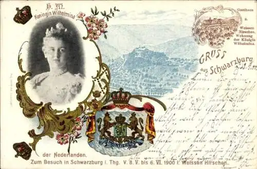 Wappen Litho Schwarzburg im Schwarzatal Thüringen, Königin Wilhelmina, Staatsbesuch 08.05.1900