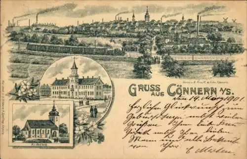 Litho Könnern Cönnern im Salzlandkreis, Gesamtansicht, Kirche, Rathaus