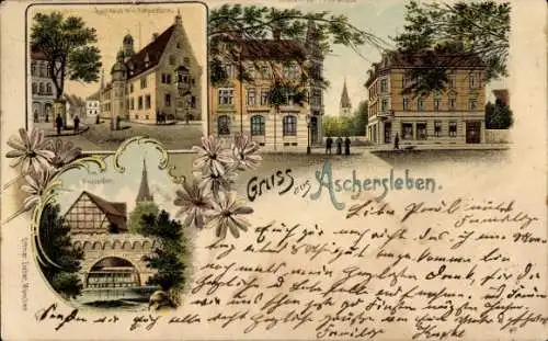 Litho Aschersleben im Salzlandkreis, Teilansichten, Kurhaus, Kirche