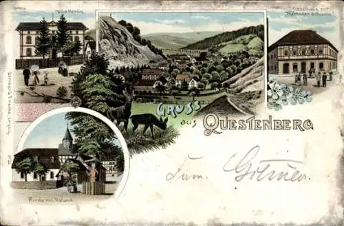 Litho Questenberg Südharz, Villa Herbig, Kirche, Roland, Gasthaus zur Thüringer Schweiz