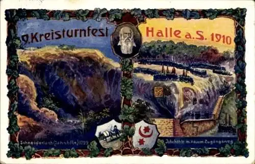 Wappen Künstler Ak Halle an der Saale, 9. Kreisturnfest 1910, Turnvater Jahn