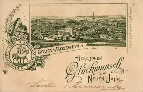 Litho Rosswein Roßwein in Sachsen, Gesamtansicht, Neujahrsglückwunsch