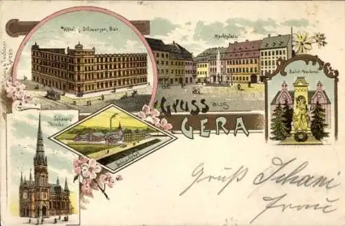 Litho Gera in Thüringen, Hotel zum schwarzen Bär, Marktplatz, Kirche, Schlachthof, Denkmal