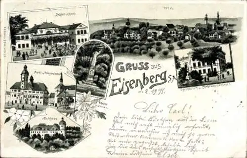 Litho Eisenberg Thüringen, Total, Schloss, Markt, Kriegerdenkmal