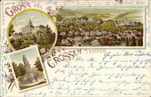 Litho Crossen an der Elster Thüringen, Gesamtansicht, Schloss, Sieges-Denkmal