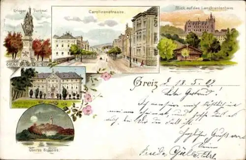 Litho Greiz in Thüringen, Carolinenstraße, Landkrankenhaus, Sommerpalais, Schloss, Kriegerdenkmal