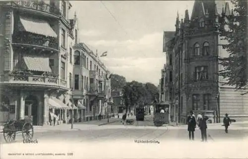 Ak Hansestadt Lübeck, Mühlenbrücke, Straßenbahn