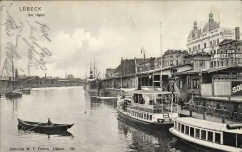 Ak Hansestadt Lübeck, Am Hafen, Schiffe