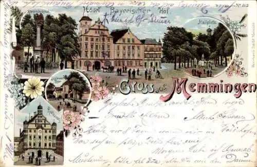 Litho Memmingen in Schwaben, Hotel Bayrischer Hof, Rathaus, Hallplatz