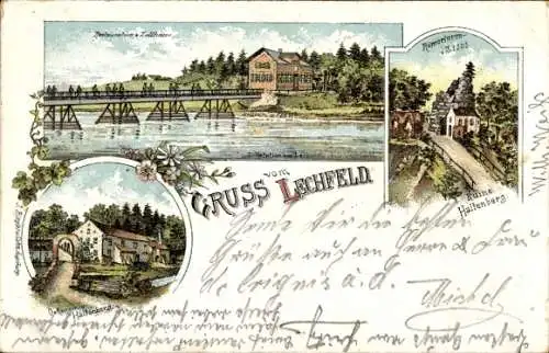 Litho Scheuring in Oberbayern, Ruine Haltenberg, Gruss vom Lechfeld, Restaurant