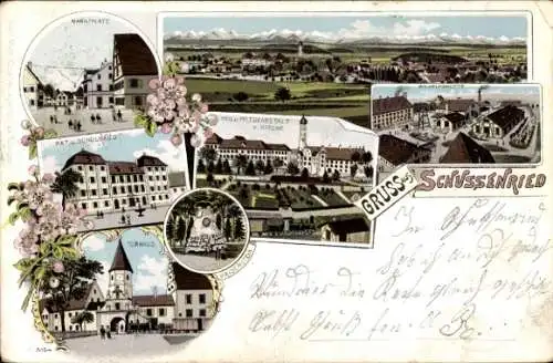 Litho Bad Schussenried in Oberschwaben, Schule, Markt, Pflegeanstalt, Torhaus