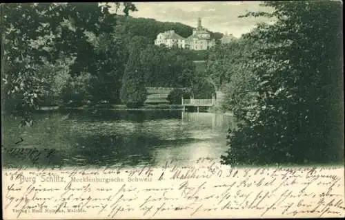 Ak Burg Schlitz Hohen Demzin in Mecklenburg, vom Ufer aus gesehen