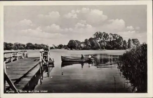 Ak Kyritz in der Prignitz, Blick auf die Insel, Steg, Boot