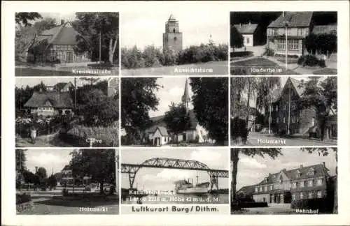 Ak Burg Dithmarschen, Krenzerstraße, Cleve, Holzmarkt, Aussichtsturm, Bahnhof