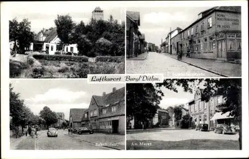 Ak Burg Dithmarschen, Aussichtsturm Cafe, Buchholzerstraße, Bahnhofstraße, Markt