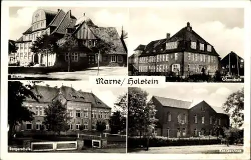 Ak Marne in Holstein Dithmarschen, Rathaus, Oberschule, Bürgerschule, Krankenhaus