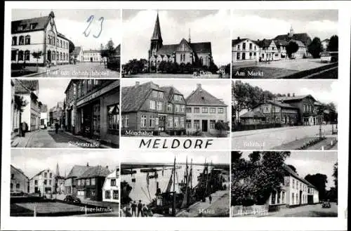 Ak Meldorf in Holstein, Am Markt, Bahnhof, Hafen, Dom, Süderstraße, Post mit Bahnhofshotel