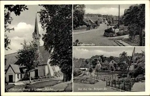 Ak Burg in Dithmarschen, Kirche, Bahnhofstraße, Große Bergstraße