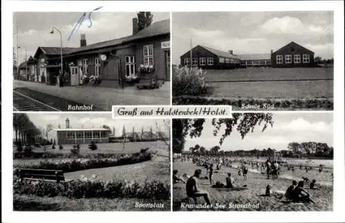 Ak Halstenbek in Holstein, Bahnhof Gleisseite, Schule Süd, Sportplatz, Krupunder See, Strandbad