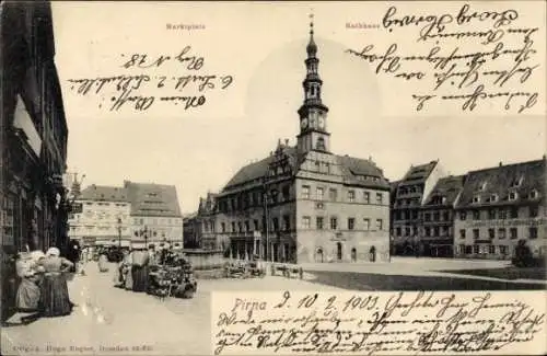Ak Pirna an der Elbe, Rathaus, Marktplatz