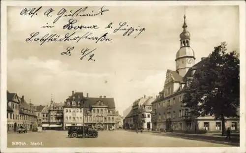 Ak Borna, Blick auf den Markt, Warenhandlungen, Auto