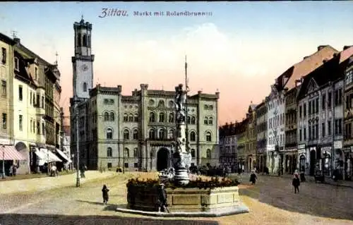 Ak Zittau in der Oberlausitz, Blick auf den Markt mit Rolandbrunnen