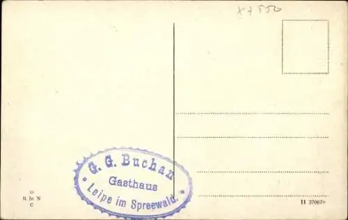 Ak Leipe Lübbenau im Spreewald, Dorfstraße mit sehr allen Blockhäusern b. Buchan's Gasthof, Boote