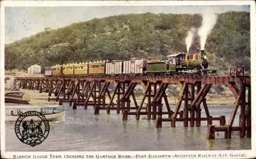 Künstler Ak Südafrika, Schmalspurbahn Port Elizabeth - Avontuur, Brücke über den Gamtoos-Fluss