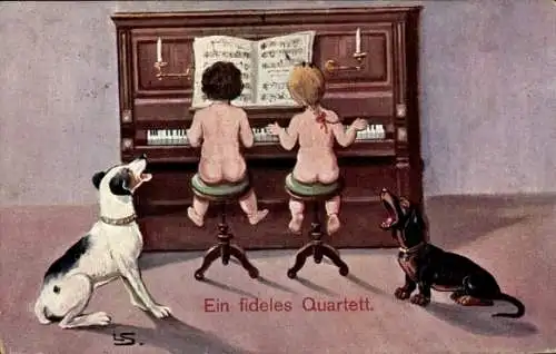 Künstler Ak Ein fideles Quartett, Kinder am Klavier, Dackel, Hund