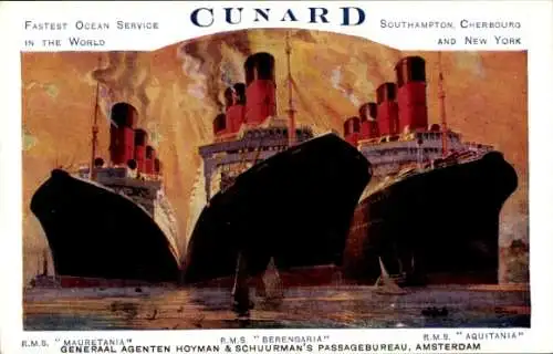 Künstler Ak Dampfschiffe RMS Mauretania, Berengaria, Aquitania, Cunard Line