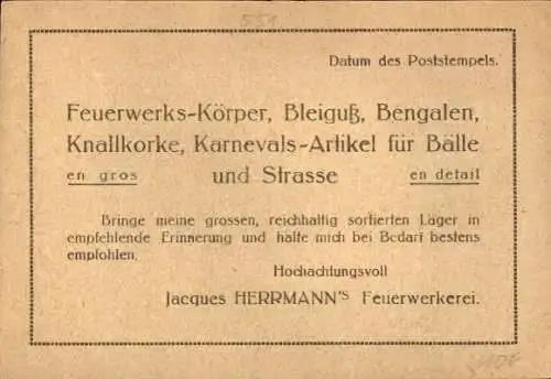 Ak Mainz am Rhein, Jacques Herrmann Feuerwerkerei, Karnevals-Artikel, Reklame