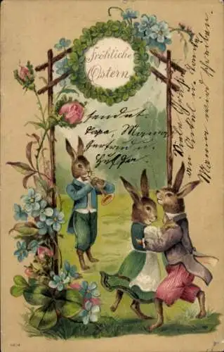 Präge Litho Glückwunsch Ostern, Tanzende Osterhasen, Blumen