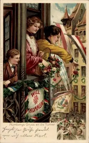 Präge Litho Nürnberg, X. Deutsches Turnfest 1903, Gruß an die Turner, Frauen am Fenster