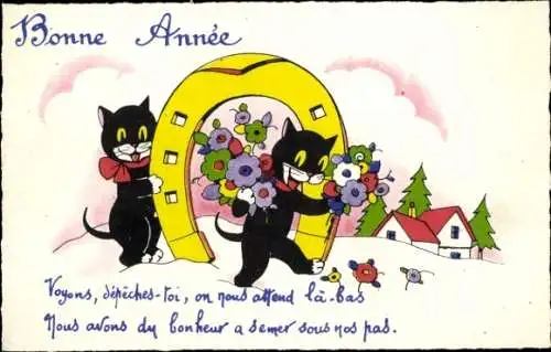 Ak Glückwunsch Neujahr, Zwei Hauskatzen, Hufeisen, Blumen, Bonne Année