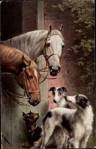 Künstler Ak Reichert, C., Pferde an der Stalltür, Windhunde, brauner Hund mit Halsband