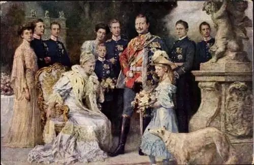 Künstler Ak Keller, F., Kaiserhaus, Wilhelm II, Kaiserin Auguste Viktoria, Kronprinz, Windhund