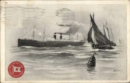 Künstler Litho Cassiens, H., Dampfer, Dampfschiff, Red Star Line, Segelboot