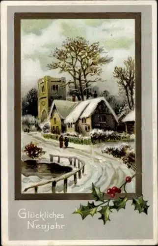 Präge Litho Glückwunsch Neujahr, Winterlandschaft mit Kirche, Stechpalmenzweig