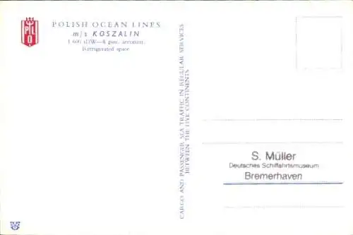 Künstler Ak Polskie Linie Oceaniczne, Polish Ocean Lines, M.S. Koszalin