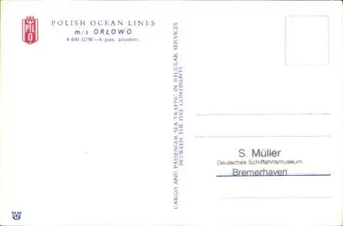 Künstler Ak Polskie Linie Oceaniczne, Polish Ocean Lines, M.S. Orłowo