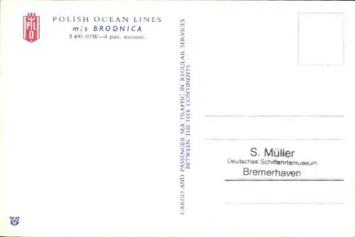 Künstler Ak Polskie Linie Oceaniczne, Polish Ocean Lines, M.S. Brodnica