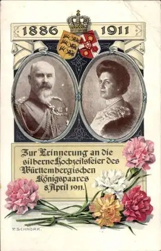 Künstler Ak Schnorr, König Wilhelm II v. Württemberg, Königin Charlotte, Silberhochzeit 1911, Wappen