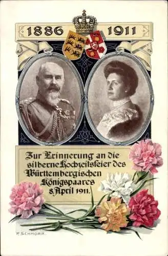 Künstler Ak Schnorr, König Wilhelm II v. Württemberg, Königin Charlotte, Silberhochzeit 1911, Wappen