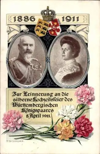 Künstler Ak Schnorr, König Wilhelm II v. Württemberg, Königin Charlotte, Silberhochzeit 1911, Wappen